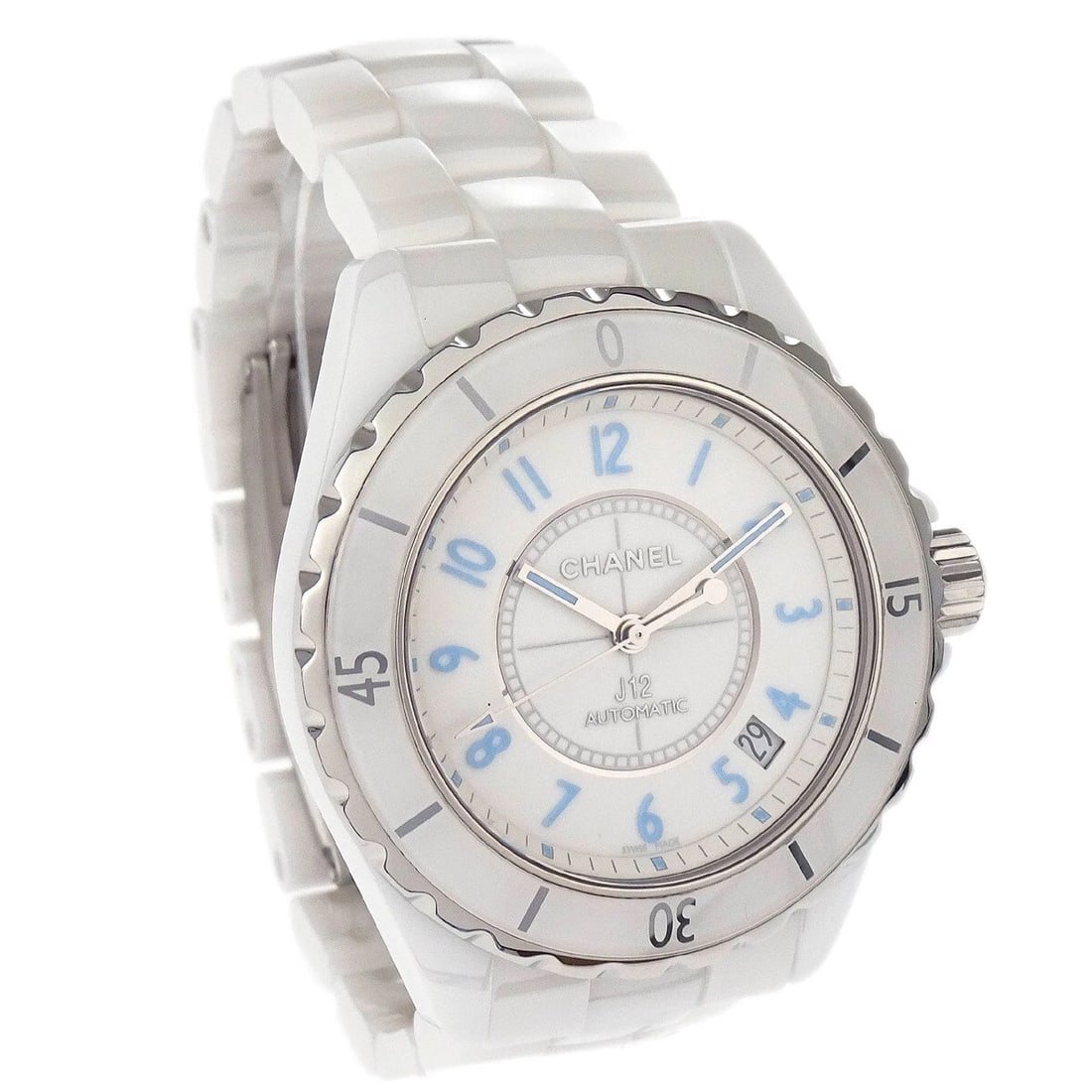 CHANEL J12 BLUE LIGHT WATCH CERAMIC SS: Chanel J12 Blue Light Watch Ceramic SS Brand: CHANEL Type: Wristwatch Material: Band Material Ceramic, Case Material Ceramic Color: Band Color White, Dial Color White Case Color White Size: Case: