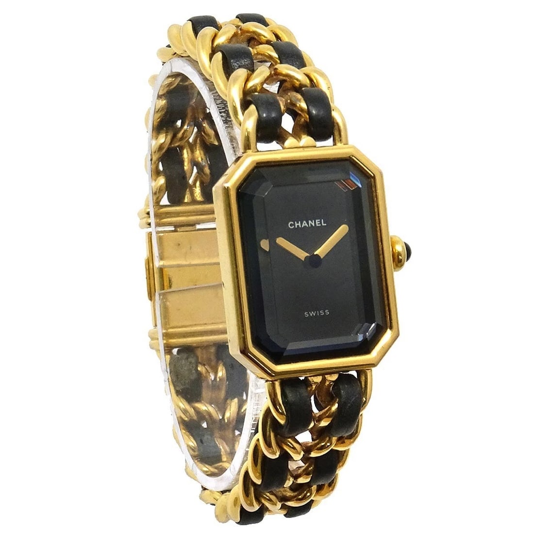 CHANEL WATCH GOLD: Chanel Watch Gold Brand: CHANEL Type: Wristwatch Material: Band Material Gold Plated, Leather, Case Material Gold Plated Color: Band Color Black, Gold, Dial Color Black, Gold Case Color Black,