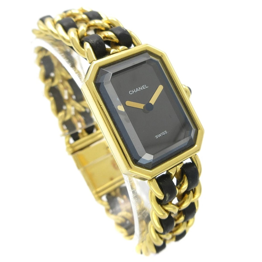 CHANEL WATCH GOLD PLATED, LEATHER: Chanel Watch Gold Plated, Leather Brand: CHANEL Type: Wristwatch Material: Band Material Gold Plated, Leather, Case Material Gold Plated Color: Band Color Black, Gold, Dial Color Black, Gold