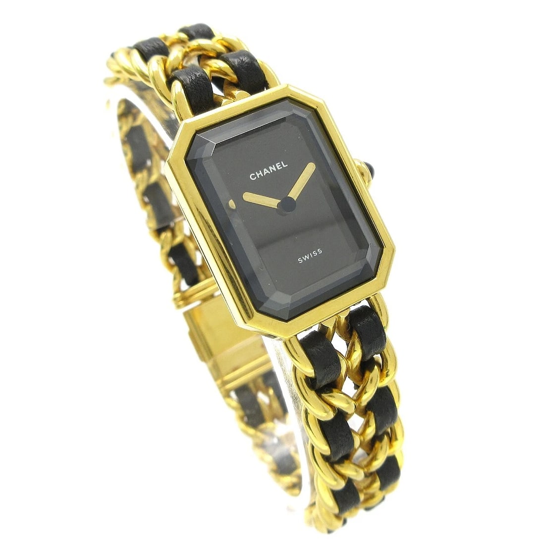 CHANEL WATCH GOLD PLATED, LEATHER: Chanel Watch Gold Plated, Leather Brand: CHANEL Type: Wristwatch Material: Band Material Gold Plated, Leather, Case Material Gold Plated Color: Band Color Black, Gold, Dial Color Black, Gold