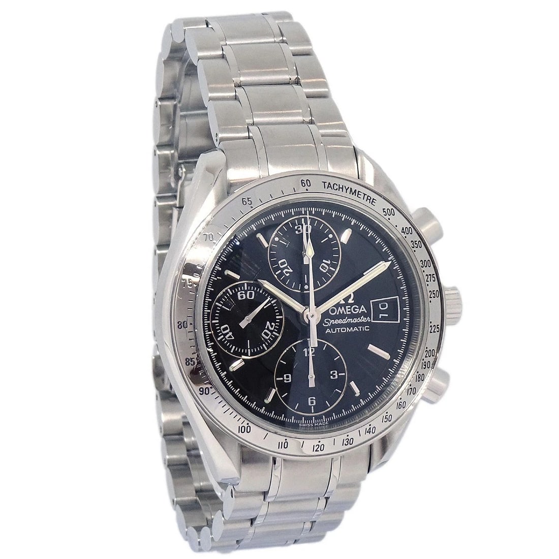 OMEGA SPEEDMASTER WATCH SS: Omega Speedmaster Watch SS Brand: OMEGA Type: Wristwatch Material: Band Material Stainless Steel, Case Material Stainless Steel Color: Band Color Silver, Dial Color Black Case Color Silver 