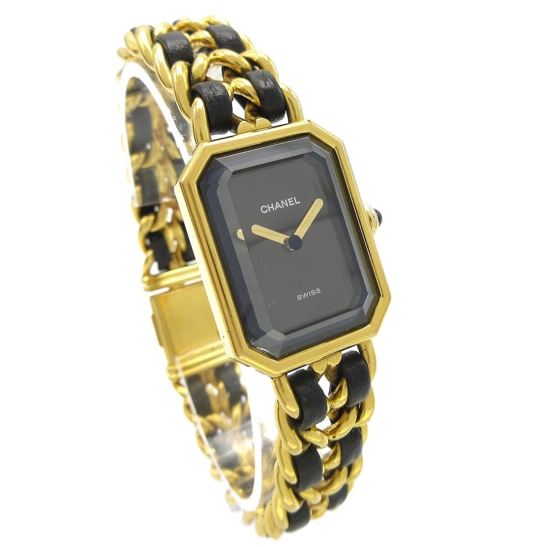 CHANEL WATCH GOLD PLATED, LEATHER: Chanel Watch Gold Plated, Leather Brand: CHANEL Type: Wristwatch Material: Band Material Gold Plated, Leather, Case Material Gold Plated Color: Band Color Black, Gold, Dial Color Black, Gold