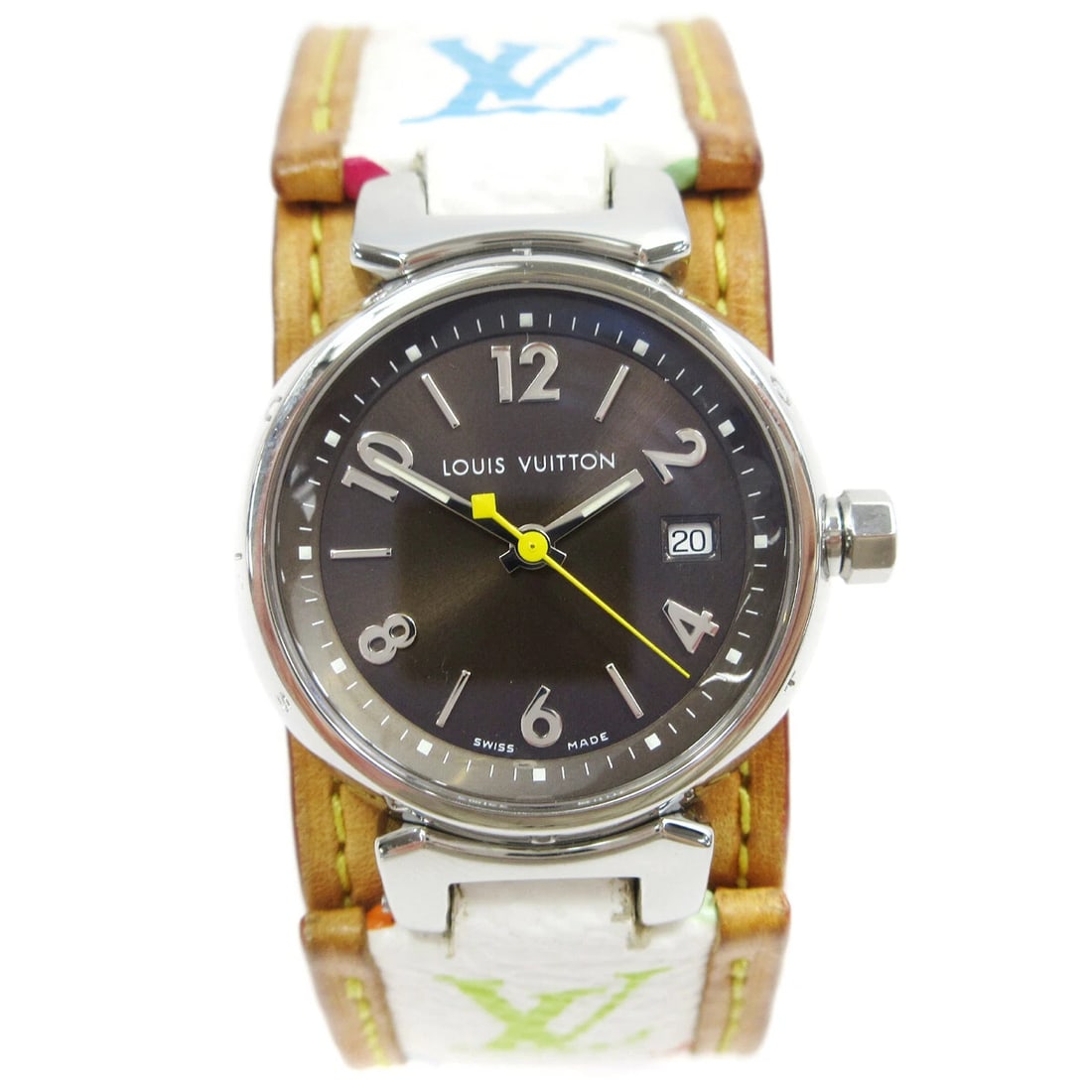 LOUIS VUITTON WATCH STAINLESS STEEL: Louis Vuitton Watch Stainless Steel Brand: Louis Vuitton Type: Wristwatch Material: Band Material Multicolor Canvas, Case Material Stainless Steel Color: Band Color White, Dial Color Black Case Col