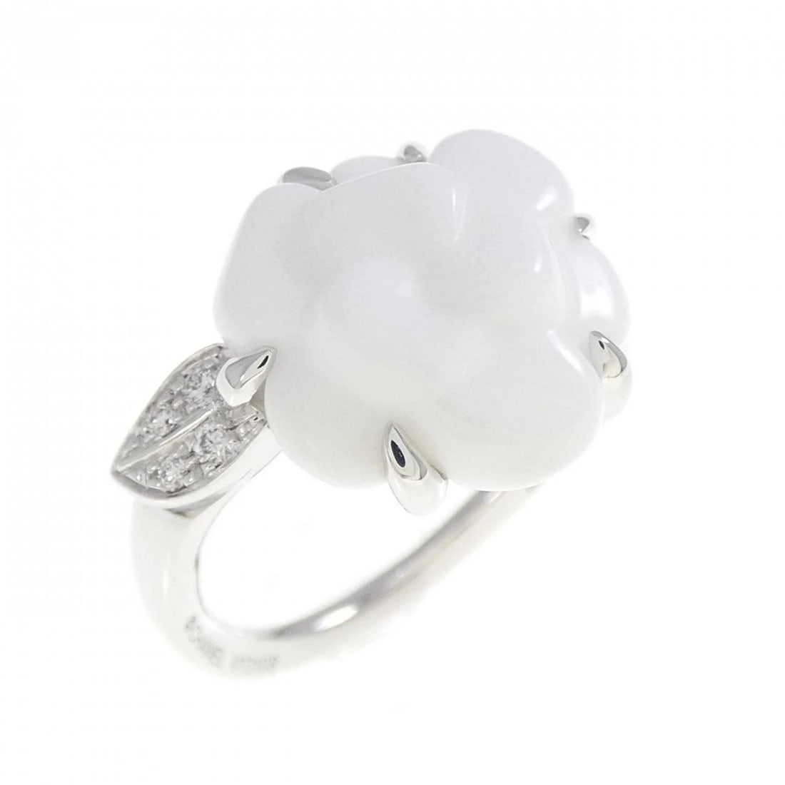 CHANEL CAMELLIA RING: chanel camellia ring Brand: CHANEL Type: Ring Material: 750 white gold, Main Stone/Creation Chalcedony Color: white Size: US 4 Accessories: None Accessories Notice: When purchasing pre-own