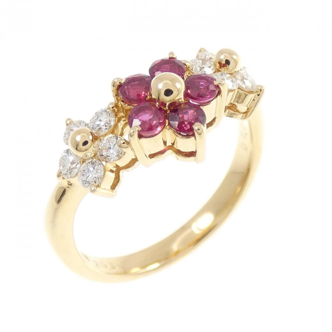 MIKIMOTO FLOWER RUBY RING: Mikimoto Flower Ruby Ring Brand: MIKIMOTO Type: Ring Material: K18 yellow gold, Main Stone/Creation Ruby Secondary Stone Natural Color: yellow gold Size: US 5 Accessories: None Accessories