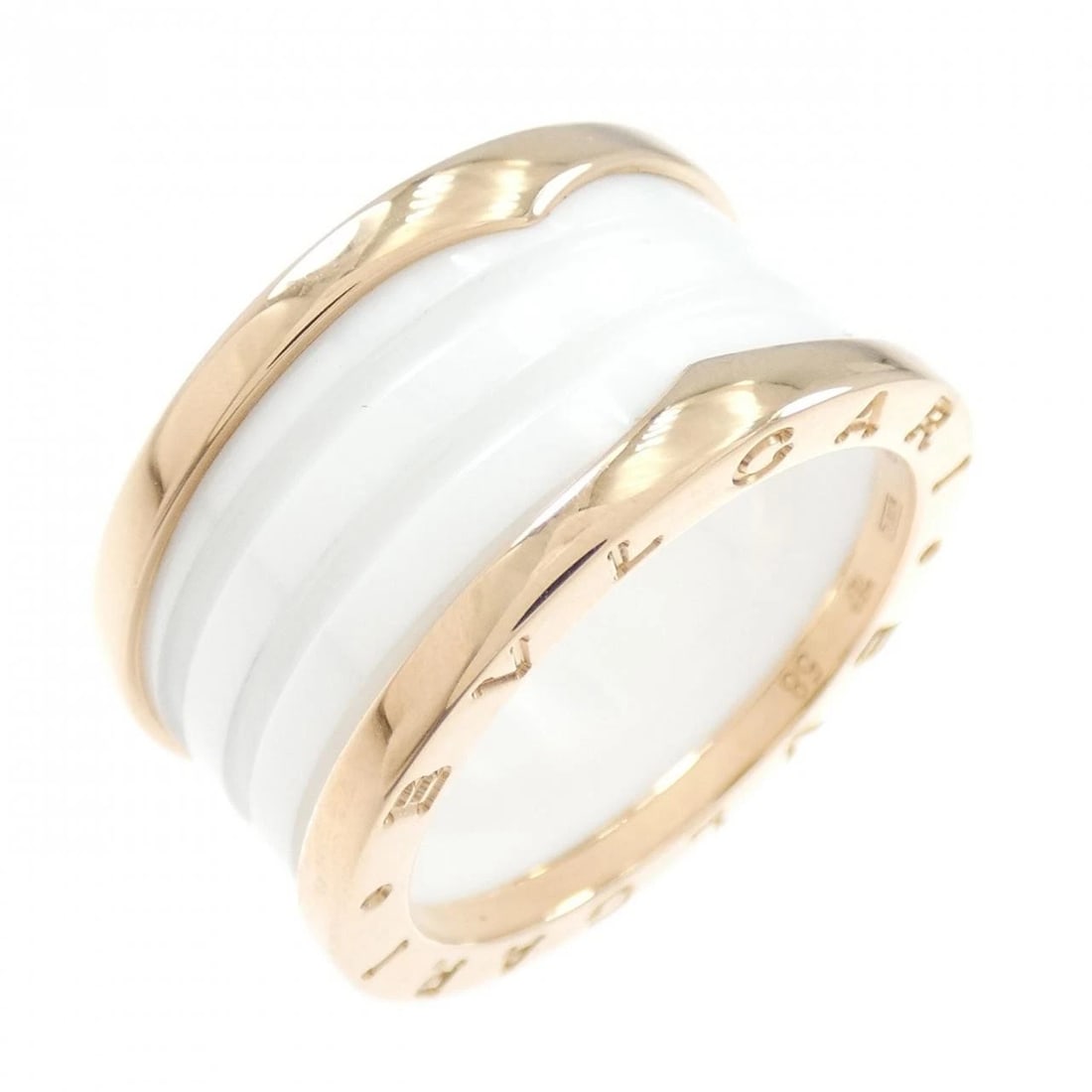 BVLGARI B.ZERO1 4-BAND RING: Bvlgari B.zero1 4-band ring Brand: BVLGARI Type: Ring Material: 750 pink gold/ceramic, Color: white Size: US 8 1/4 Accessories: None Accessories Notice: When purchasing pre-owned goods,