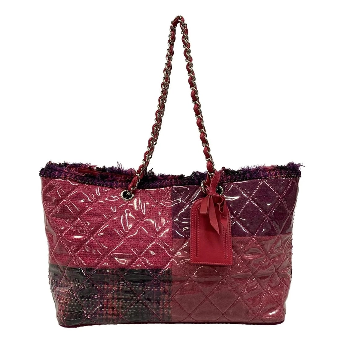 CHANEL PATENT TOILETTE CHAIN TOTE PINK PURPLE BLACK VINYL TWEEDS TOTE BAG: CHANEL Patent Toilette Chain Tote Pink Purple Black Vinyl Tweeds Tote Bag Brand: CHANEL Type: Tote Bag Material: Vinyl, Tweeds Color: Pink, Purple, Black Size: Height : 9.45 inch (24 cm) Width : 1