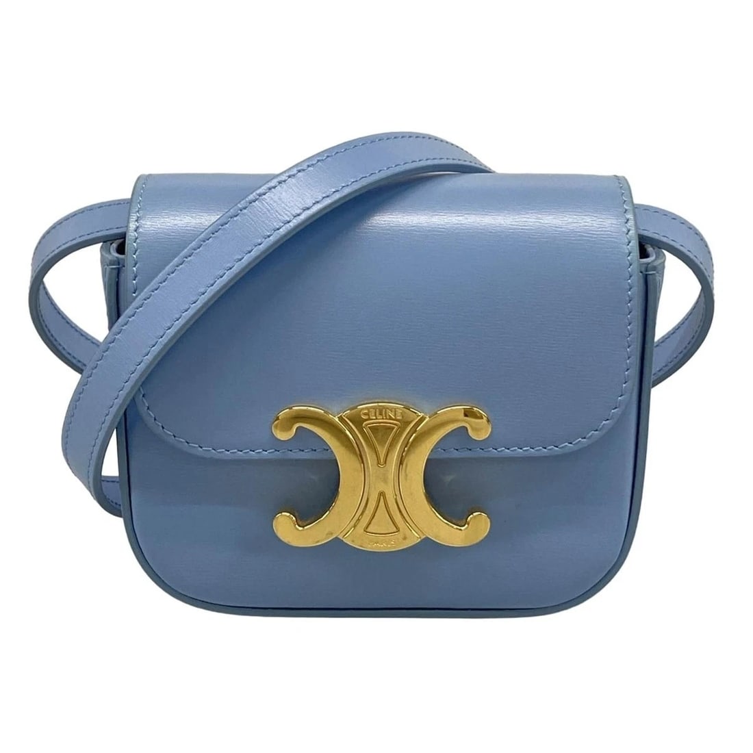 CELINE MINI CLAUDE/TRIONF LIGHT BLUE SHINY CALFSKIN SHOULDER BAG: CELINE Mini Claude/Trionf Light Blue Shiny Calfskin Shoulder Bag Brand: CELINE Type: Shoulder Bag Material: Shiny Calfskin Color: Light Blue Size: Height : 3.74 inch (9.5 cm) Width : 4.53 inch (11