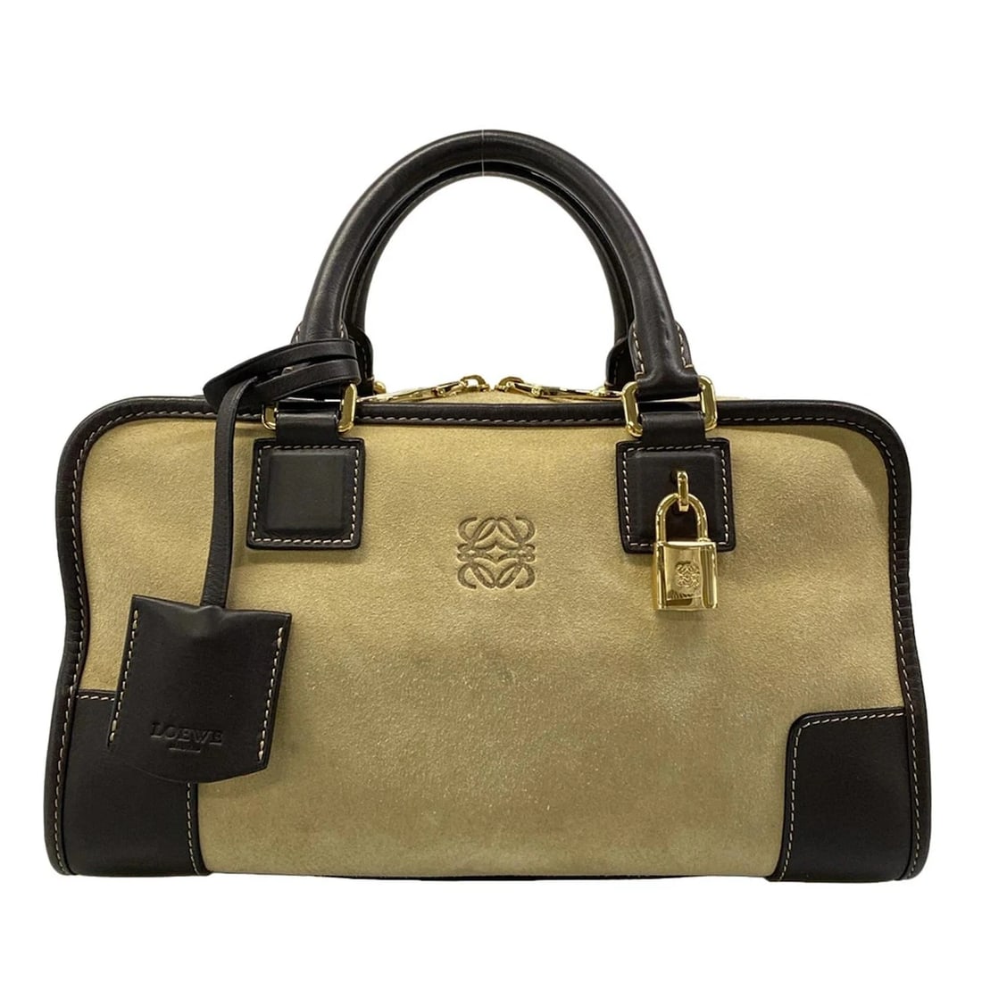 LOEWE AMAZONA BEIGE DARK BROWN SUEDE LEATHER HANDBAG: LOEWE Amazona Beige Dark Brown Suede Leather Handbag Brand: LOEWE Type: Handbag Material: Suede, Leather Color: Beige, Dark Brown Size: Height : 6.89 inch (17.5 cm) Width : 11.42 inch (29 cm) Dept