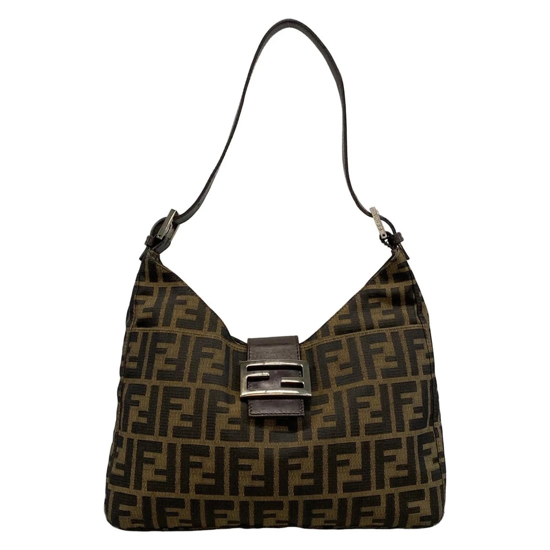 FENDI ZUCCA DARK BROWN BLACK JACQUARD LEATHER - SHOULDER BAG: FENDI Zucca Dark Brown Black Jacquard Leather - Shoulder Bag Brand: FENDI Type: Shoulder Bag Material: Jacquard, Leather Color: Dark Brown, Black Size: Height : 6.69 inch (17 cm) - 9.45 inch (24 c