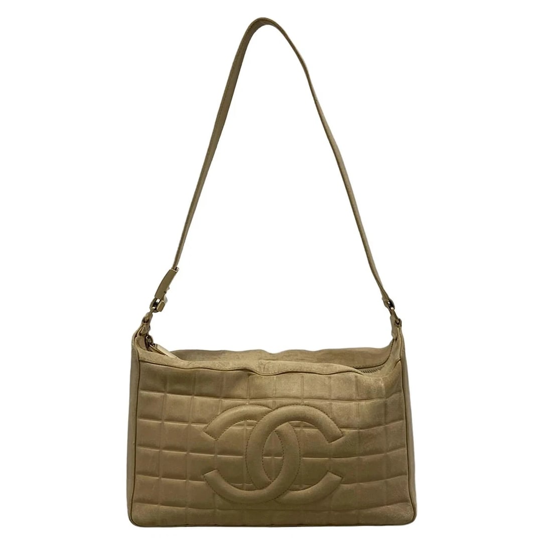 CHANEL CHOCOLATE BAR - BEIGE LAMBSKIN SHOULDER BAG GOLD HARDWARE: CHANEL Chocolate Bar - Beige Lambskin Shoulder Bag gold hardware Brand: CHANEL Type: Shoulder Bag Material: Lambskin Color: Beige Size: Height : 7.28 inch (18.5 cm) Width : 10.63 inch (27 cm) Dept