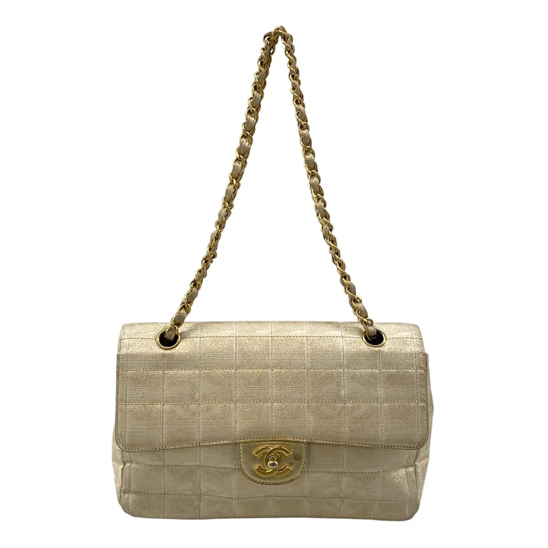 CHANEL NEW TRAVEL LINE / CHOCOLATE BAR STITCH GOLD BEIGE NYLON JACQUARD LEATHER: CHANEL New Travel Line / Chocolate Bar Stitch Gold Beige Nylon Jacquard Leather Brand: CHANEL Type: Shoulder Bag Material: Nylon Jacquard, Leather Color: Gold, Beige Size: Height : 6.89 inch (17.5