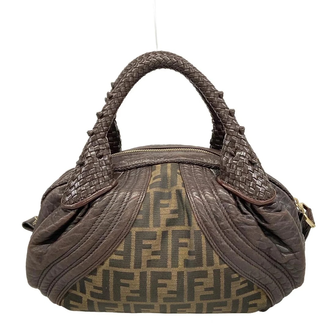 FENDI MINI SPY BAG / ZUCCA PATTERN DARK BROWN BLACK LEATHER JACQUARD: FENDI Mini Spy Bag / Zucca Pattern Dark Brown Black Leather Jacquard Brand: FENDI Type: Handbag Material: Leather, Jacquard Color: Dark Brown, Black Size: Height : 6.5 inch (16.5 cm) Width : 14.17
