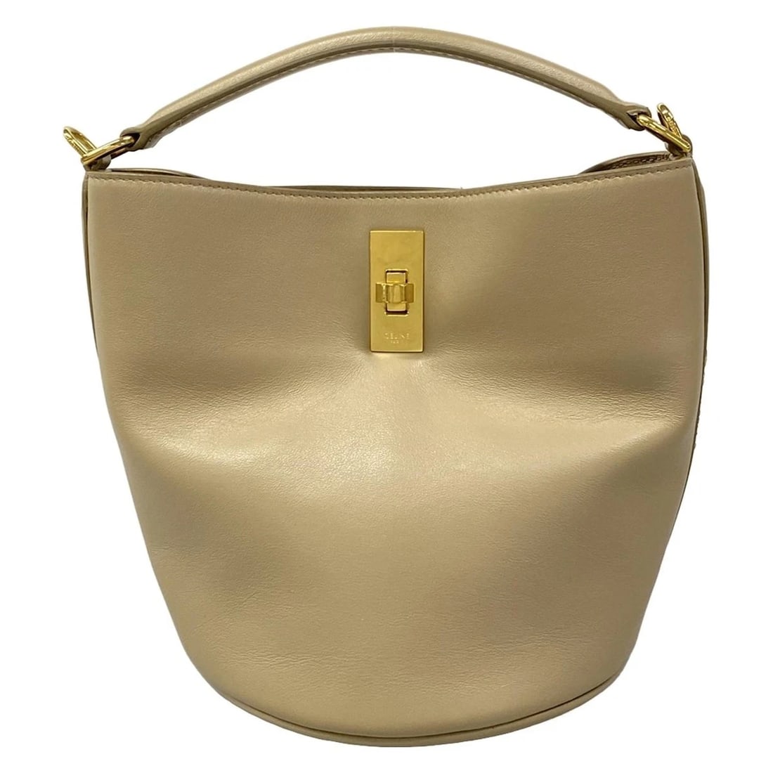 CELINE 16 BUCKET BAG BEIGE LEATHER HANDBAG: CELINE 16 Bucket Bag Beige Leather Handbag Brand: CELINE Type: Handbag Material: Leather Color: Beige Size: Height : 7.28 inch (18.5 cm) Width : 6.5 inch (16.5 cm) - 8.66 inch (22 cm) Depth : 6.5