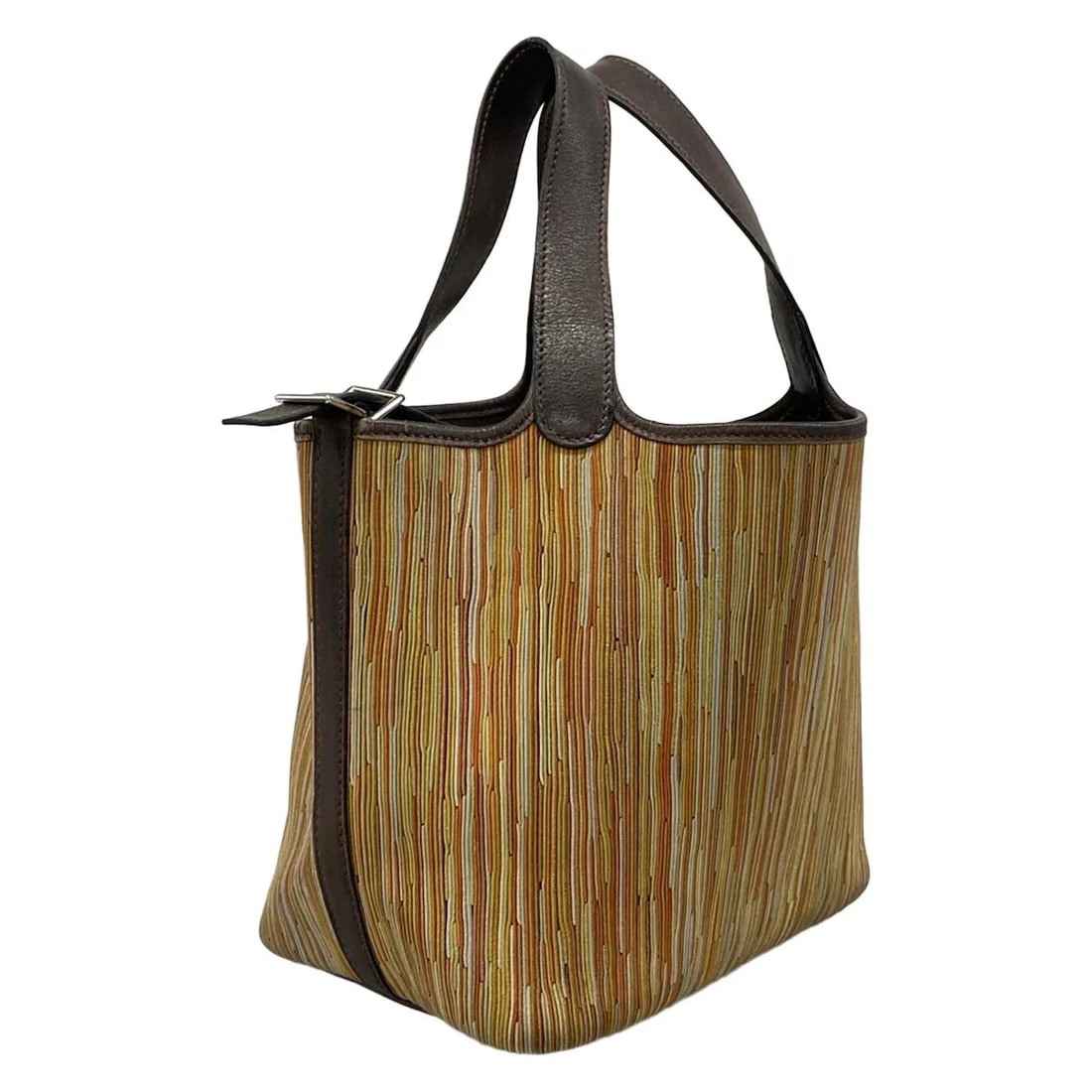 HERMES PICOTIN ORANGE DARK BROWN MULTI VIBRATO VEAU GULLIVER SQUARE G: HERMES Picotin Orange Dark Brown Multi Vibrato Veau Gulliver Square G Brand: HERMES Type: Handbag Material: Vibrato, Veau Gulliver Color: Orange, Dark Brown, Multi Size: Height : 7.48 inch (19 cm)