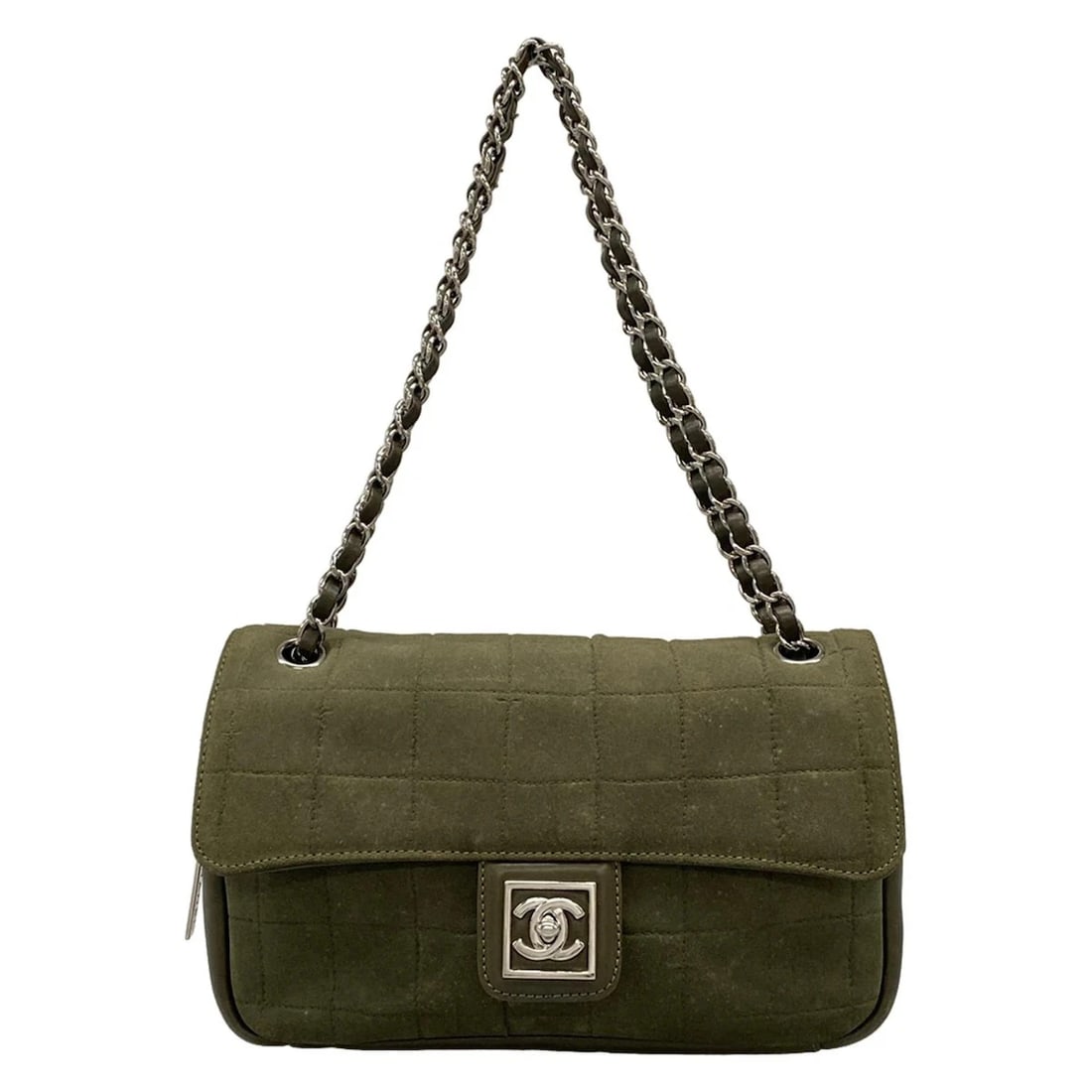 CHANEL CHOCO BAR / SPORTS LINE - KHAKI SUEDE LEATHER SHOULDER BAG: CHANEL Choco Bar / Sports Line - Khaki Suede Leather Shoulder Bag Brand: CHANEL Type: Shoulder Bag Material: Suede, Leather Color: Khaki Size: Height : 6.1 inch (15.5 cm) Width : 10.63 inch (27 cm