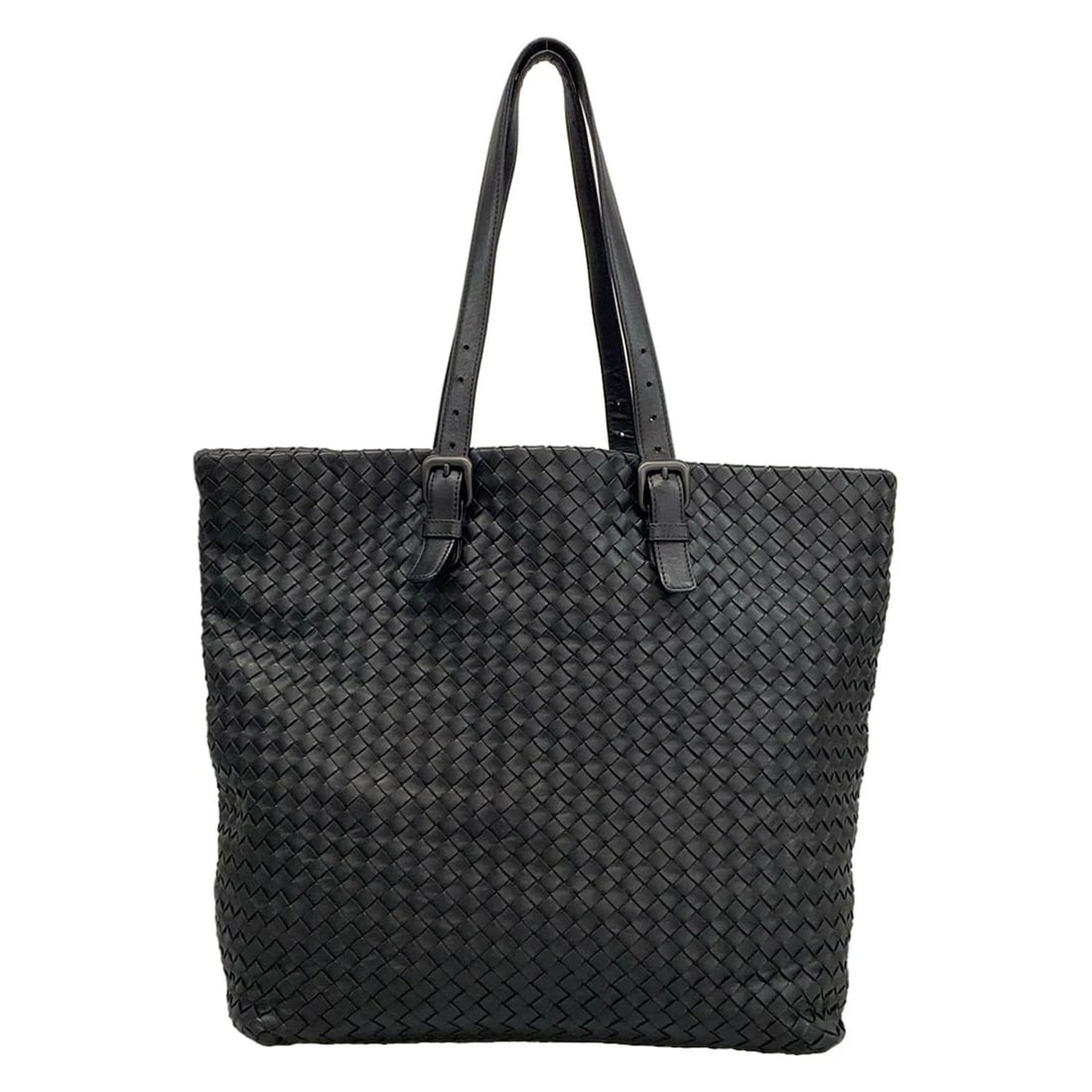 BOTTEGA VENETA INTRECCIATO - BLACK LEATHER TOTE BAG: BOTTEGA VENETA Intrecciato - Black Leather Tote Bag Brand: BOTTEGA VENETA Type: Tote Bag Material: Leather Color: Black Size: Height : 13.78 inch (35 cm) Width : 12.99 inch - 17.32 inch Depth : 4.