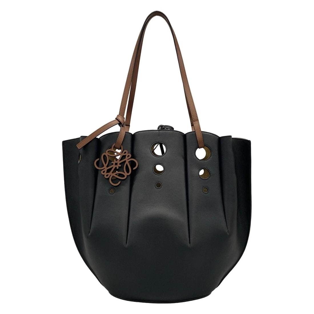LOEWE SHELL TOTE BAG BLACK BROWN LEATHER TOTE BAG: LOEWE Shell Tote Bag Black Brown Leather Tote Bag Brand: LOEWE Type: Tote Bag Material: Leather Color: Black, Brown Size: Height : 13.78 inch (35 cm) Width : 8.66 inch (22 cm) - 18.31 inch (46.5 c