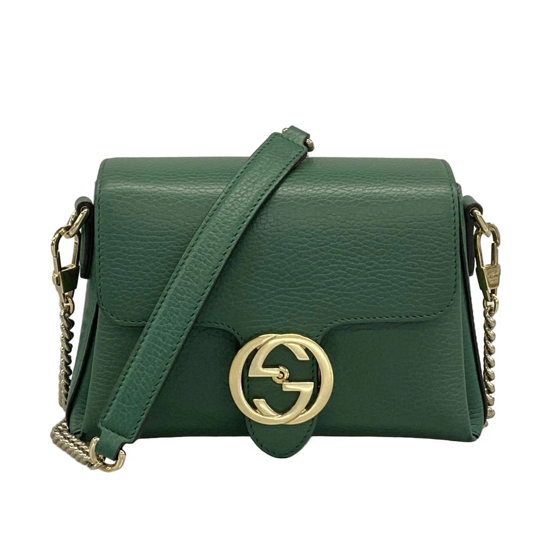 GUCCI INTERLOCKING GREEN LEATHER SHOULDER BAG: GUCCI Interlocking Green Leather Shoulder Bag Brand: GUCCI Type: Shoulder Bag Material: Leather Color: Green Size: Height : 5.51 inch (14 cm) Width : 6.89 inch (17.5 cm) Depth : 2.76 inch (7 cm)