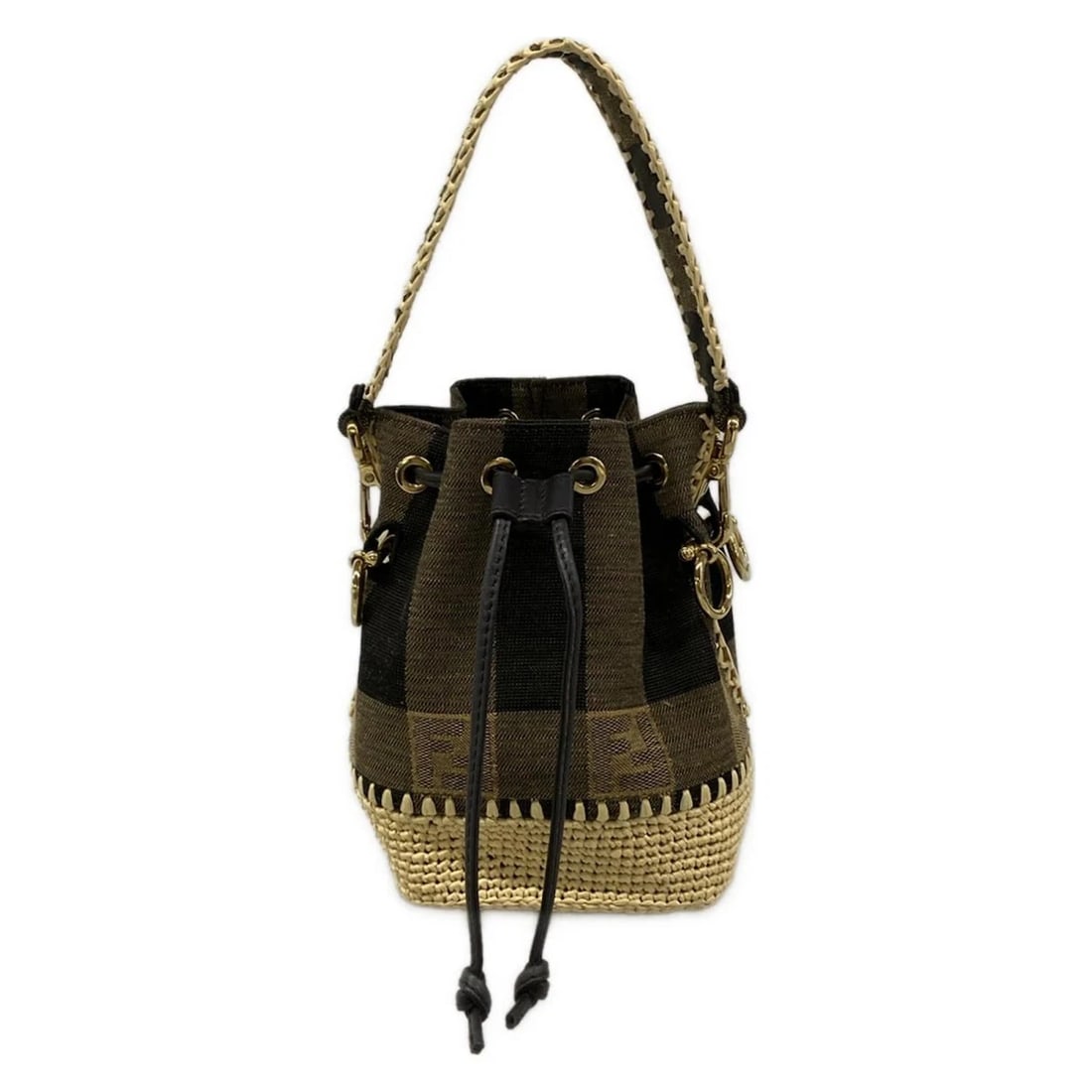FENDI MINI MONTRESOR DARK BROWN BEIGE MULTI JACQUARD -: FENDI Mini Montresor Dark Brown Beige Multi Jacquard - Brand: FENDI Type: Handbag Material: Jacquard, Natural Fiber, Calf Leather Color: Dark Brown, Beige, Multi Size: Height : 6.69 inch (17 cm) W
