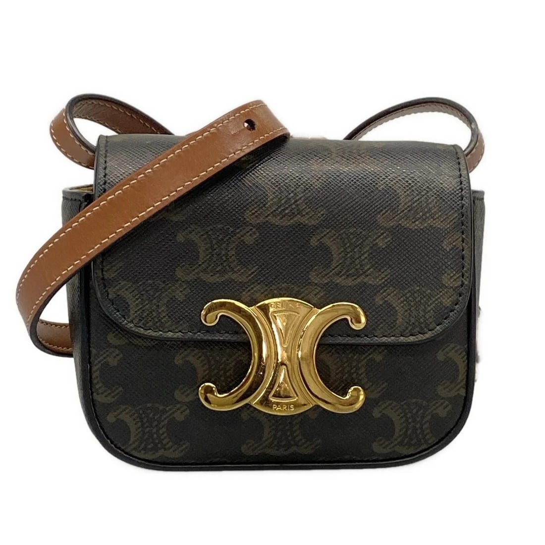 CELINE MINI TRIONF MINI CLAUDE BLACK DARK BROWN PVC LEATHER SHOULDER BAG: CELINE Mini Trionf Mini Claude Black Dark Brown PVC Leather Shoulder Bag Brand: CELINE Type: Shoulder Bag Material: PVC, Leather Color: Black, Dark Brown Size: Height : 3.54 inch (9 cm) Width