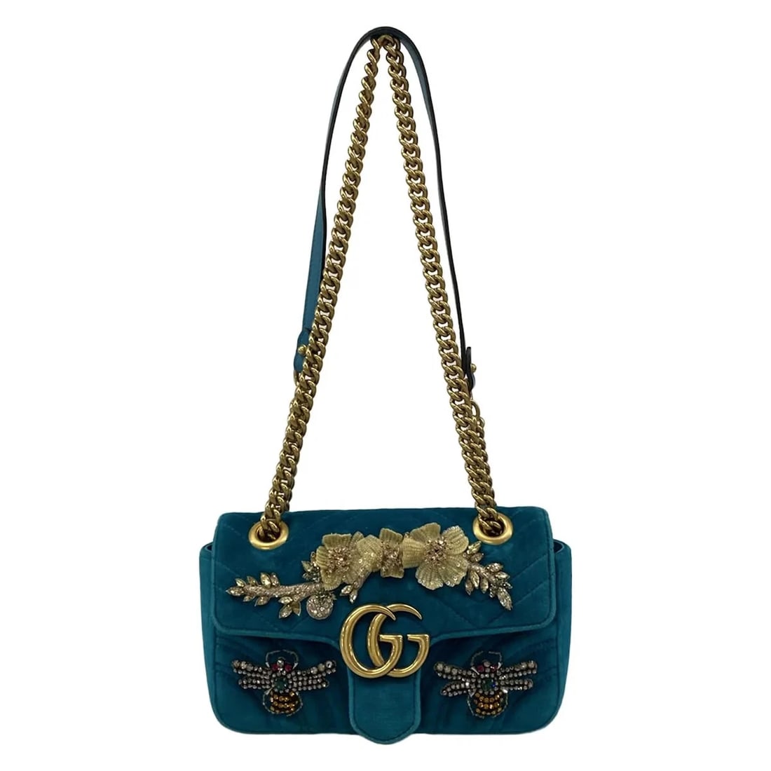GUCCI GG MARMONT VELVET MINI BAG BLUE GREEN VELOUR - SHOULDER BAG: GUCCI GG Marmont velvet mini bag Blue Green Velour - Shoulder Bag Brand: GUCCI Type: Shoulder Bag Material: Velour Color: Blue Green Size: Height : 5.31 inch (13.5 cm) Width : 8.86 inch (22.5 cm)