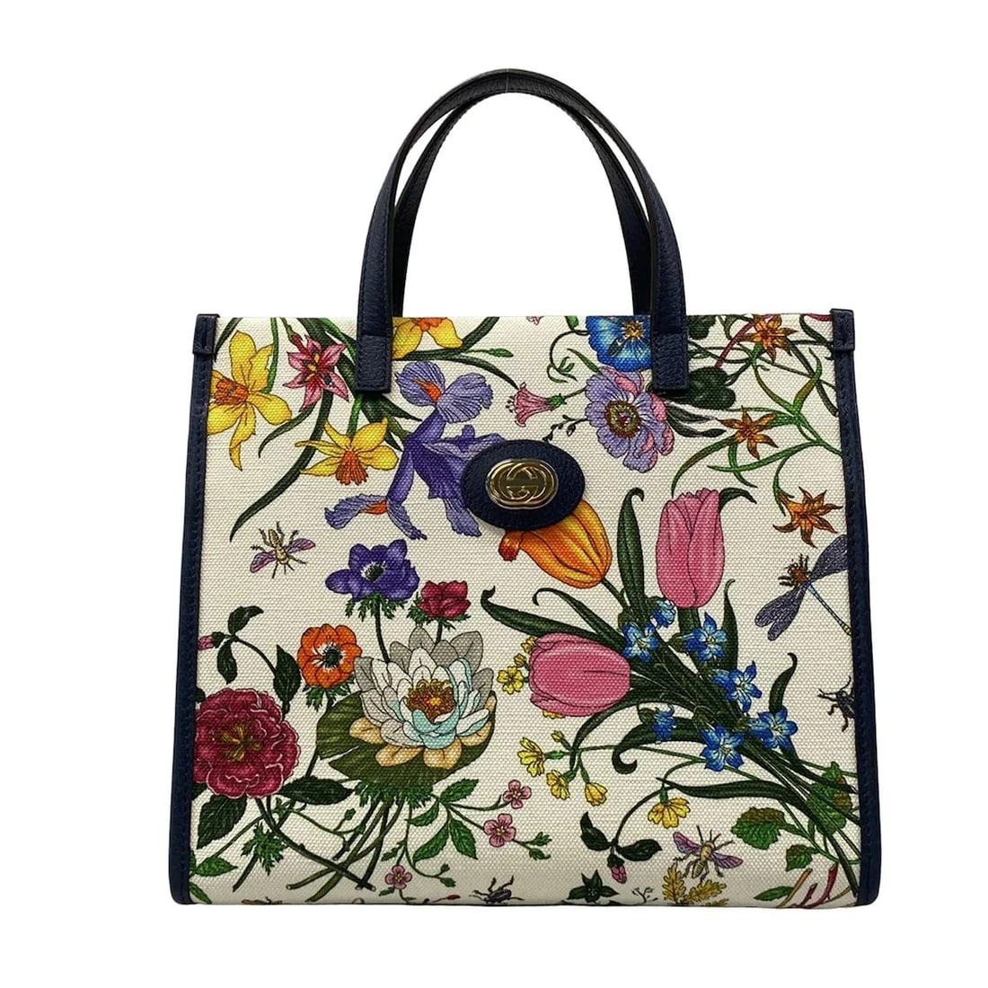 GUCCI FLORA WHITE NAVY MULTI CANVAS LEATHER HANDBAG: GUCCI Flora White Navy Multi Canvas Leather Handbag Brand: GUCCI Type: Handbag Material: Canvas, Leather Color: White, Navy, Multi Size: Height : 9.65 inch (24.5 cm) Width : 11.22 inch (28.5 cm) D