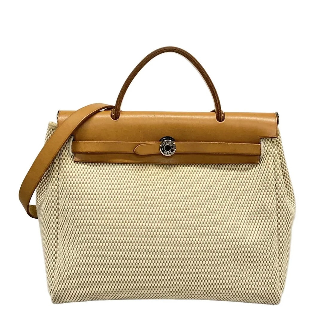 HERMES HERBAG PM - CREAM BROWN TOILE CALF SQUARE G HANDBAG: HERMES Herbag PM - Cream Brown Toile Calf Square G Handbag Brand: HERMES Type: Handbag Material: Toile GM, Box Calf Color: Cream, Brown Size: Height : 9.84 inch (25 cm) Width : 11.81 inch (30 cm)