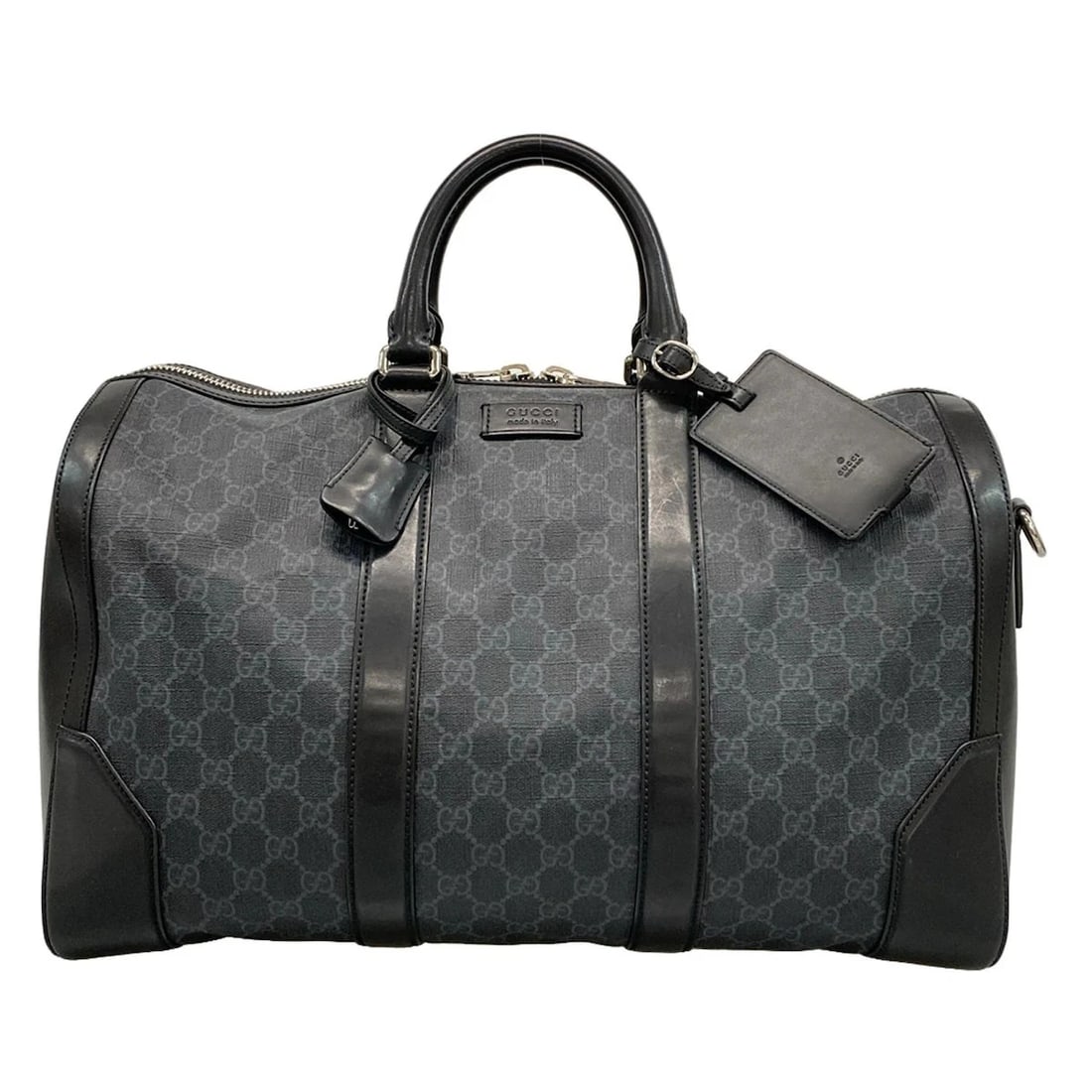 GUCCI GG SUPREME CARRY-ON DUFFEL BAG BLACK GRAY PVC LEATHER BOSTON BAG: GUCCI GG Supreme Carry-On Duffel Bag Black Gray PVC Leather Boston Bag Brand: GUCCI Type: Boston Bag Material: PVC, Leather Color: Black, Gray Size: Height : 10.04 inch (25.5 cm) Width : 16.93 inc