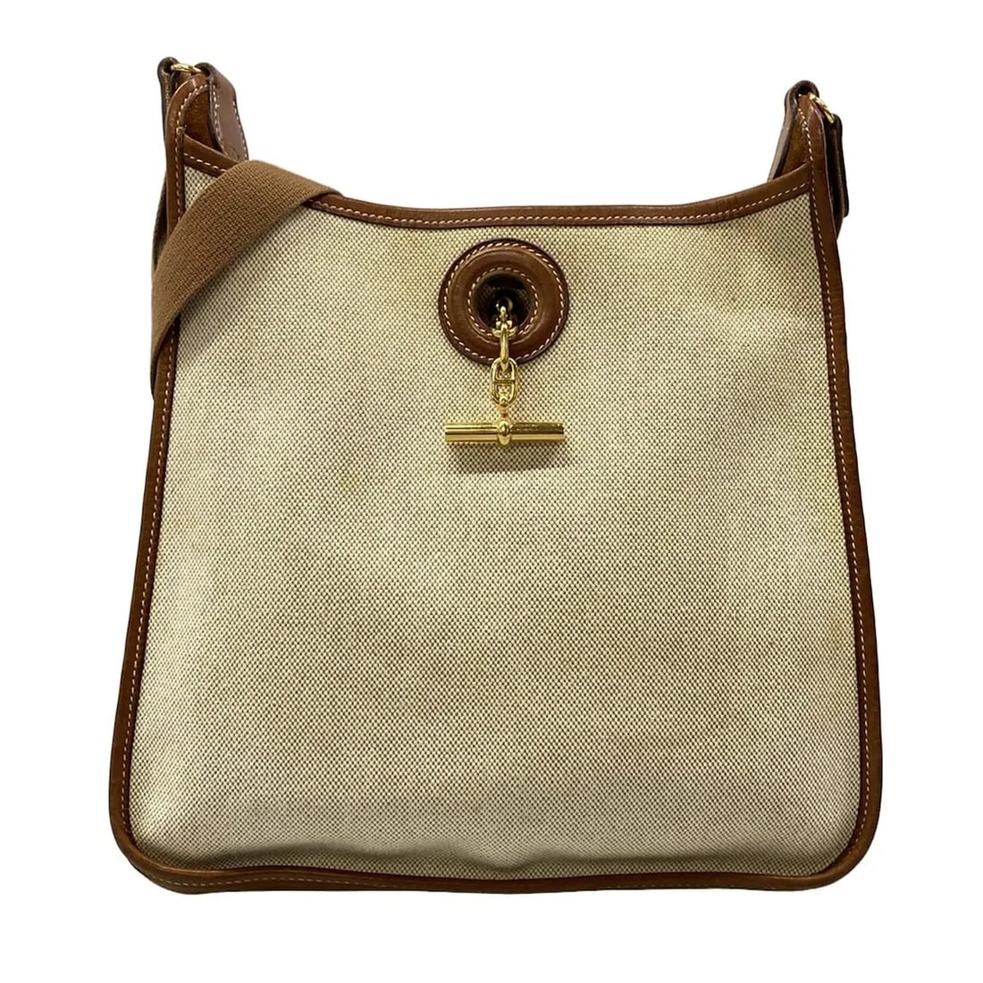 HERMES VESPA PM CREAM BROWN TOILE LEATHER SQUARE A SHOULDER BAG: HERMES Vespa PM Cream Brown Toile Leather Square A Shoulder Bag Brand: HERMES Type: Shoulder Bag Material: Toile H, Leather Color: Cream, Brown Size: Height : 10.24 inch (26 cm) Width : 11.22 inch