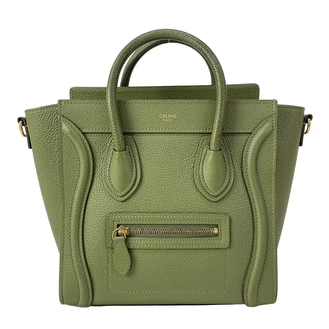 CELINE LUGGAGE NANO SHOPPER GREEN LEATHER HANDBAG: CELINE Luggage Nano Shopper Green Leather Handbag Brand: CELINE Type: Handbag Material: Leather Color: Green Size: Height : 8.07 inch (20.5 cm) Width : 7.87 inch - 10.63 inch Depth : 3.54 inch (9