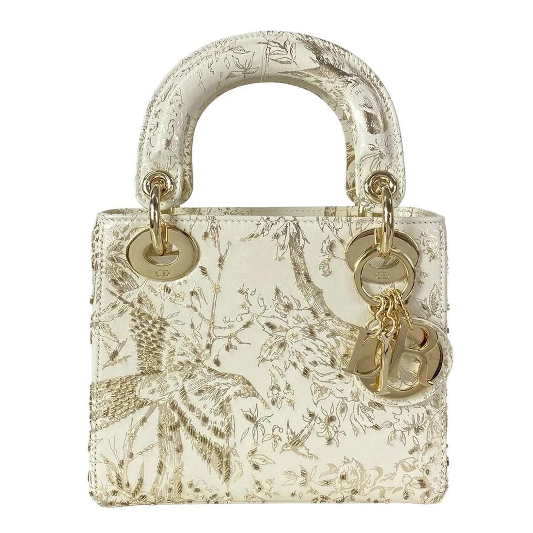 DIOR/CHRISTIANDIOR LADY DIOR MINI BAG - WHITE GOLD LEATHER HANDBAG: DIOR/ChristianDior Lady Dior Mini Bag - White Gold Leather Handbag Brand: DIOR/ChristianDior Type: Handbag Material: Leather Color: White, Gold Size: Height : 5.91 inch (15 cm) Width : 6.69 inch"