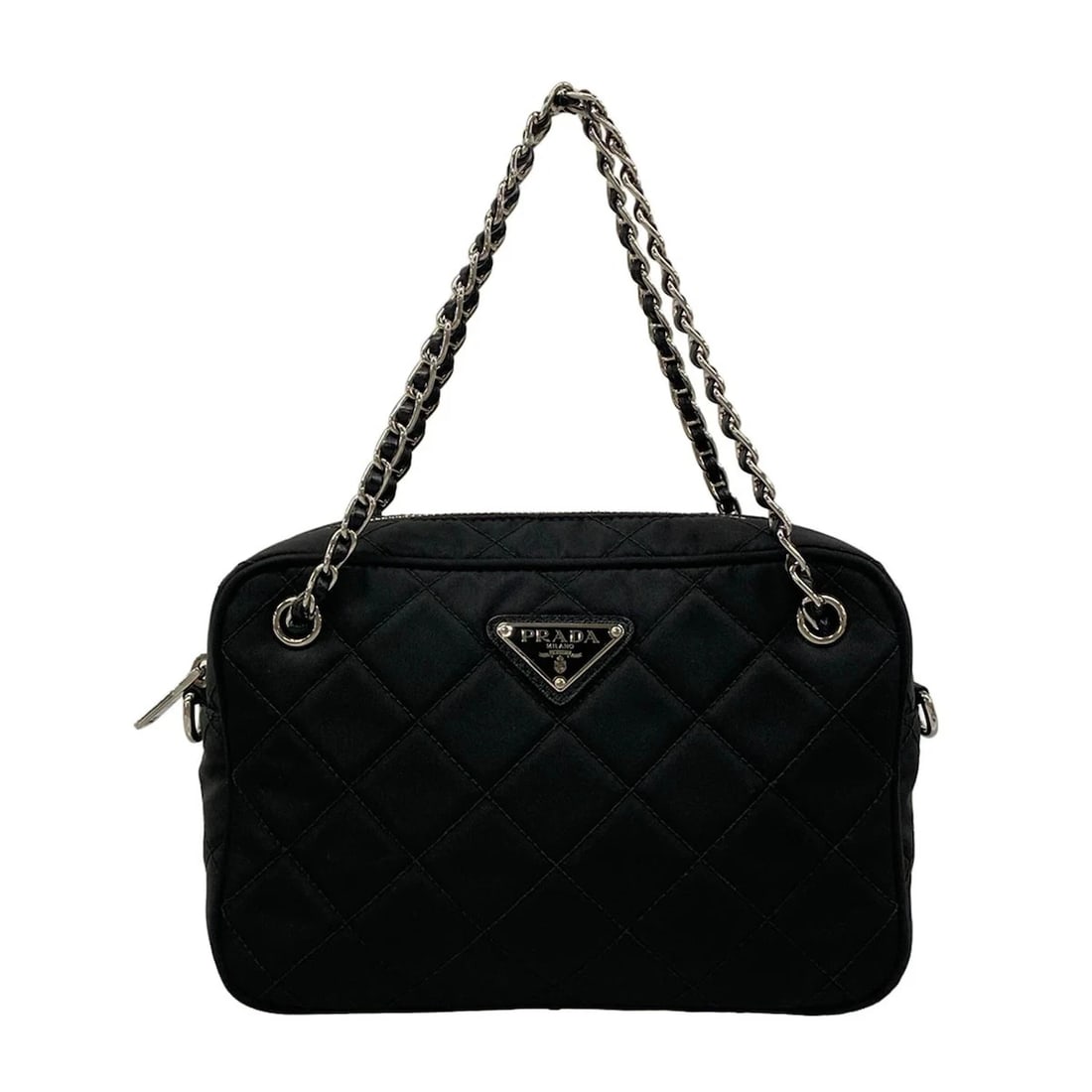PRADA BLACK NYLON LEATHER HANDBAG: PRADA Black Nylon Leather Handbag Brand: PRADA Type: Handbag Material: Nylon, Leather Color: Black Size: Height : 5.51 inch (14 cm) Width : 8.46 inch (21.5 cm) Depth : 2.56 inch (6.5 cm) Handle :