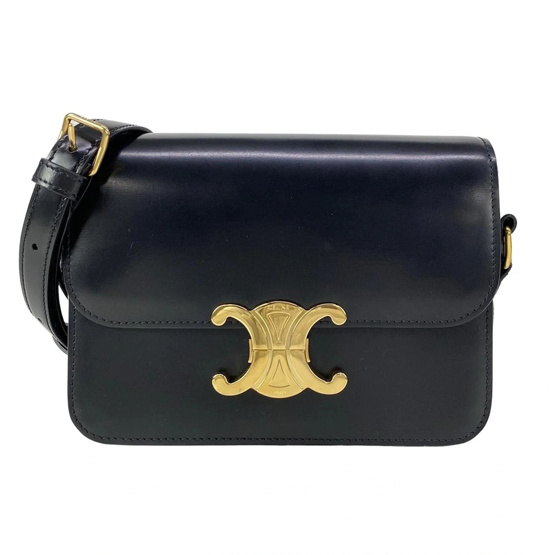 CELINE TEEN TRIOMPHE BAG BLACK SHINY CALFSKIN - SHOULDER BAG: CELINE Teen Triomphe Bag Black Shiny Calfskin - Shoulder Bag Brand: CELINE Type: Shoulder Bag Material: Shiny Calfskin Color: Black Size: Height : 5.31 inch (13.5 cm) Width: 7.28" (18.5 cm) Depth