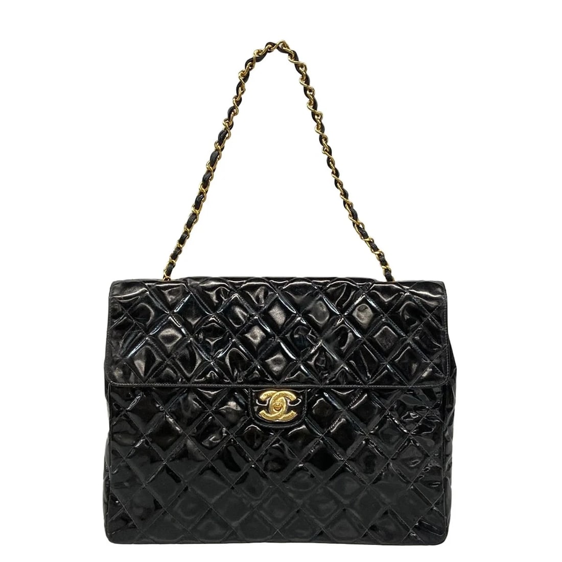 CHANEL LARGE MATELASSE - BLACK PATENT LEATHER SHOULDER BAG GOLD: CHANEL Large Matelasse - Black Patent Leather Shoulder Bag Gold Brand: CHANEL Type: Shoulder Bag Material: Patent Leather Color: Black Size: Height : 11.02 inch (28 cm) Width : 14.57 inch (37 cm)