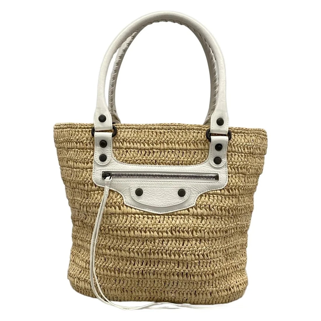 BALENCIAGA LE CITY SMALL CREAM WHITE RAFFIA LEATHER TOTE BAG (1 of 7)