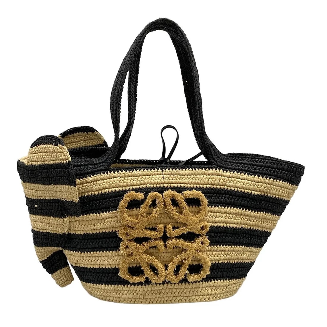 LOEWE ELEPHANT BASKET BAG BLACK BEIGE RAFFIA/CALFSKIN TOTE BAG: LOEWE Elephant Basket Bag Black Beige Raffia/Calfskin Tote Bag Brand: LOEWE Type: Tote Bag Material: Raffia/Calfskin Color: Black, Beige Size: Height : 7.09 inch (18 cm) Width : 8.66 inch (22 cm)