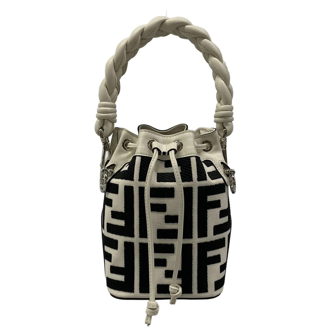 FENDI MINI MONTRESOR, ZUCCA PATTERN WHITE BLACK LEATHER: FENDI Mini Montresor, Zucca pattern White Black Leather Brand: FENDI Type: Handbag Material: Jacquard, Leather Color: White, Black Size: Height : 7.09 inch (18 cm) Width : 4.72 inch (12 cm) Depth