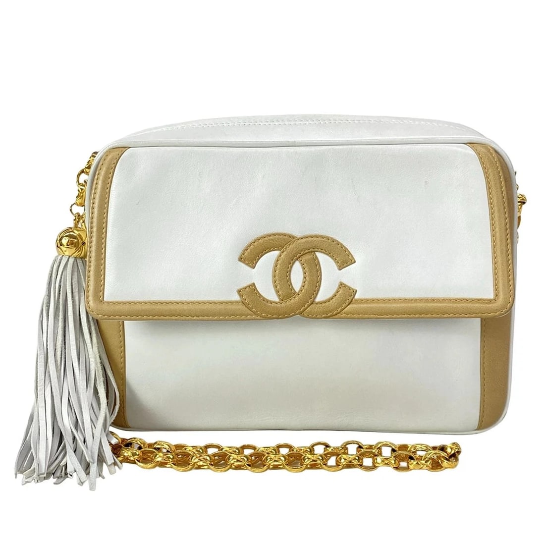 CHANEL - WHITE BEIGE LEATHER SHOULDER BAG: CHANEL - White Beige Leather Shoulder Bag Brand: CHANEL Type: Shoulder Bag Material: Leather Color: White, Beige Size: Height : 6.5 inch (16.5 cm) Width : 10.04 inch (25.5 cm) Depth : 2.36 inch (6