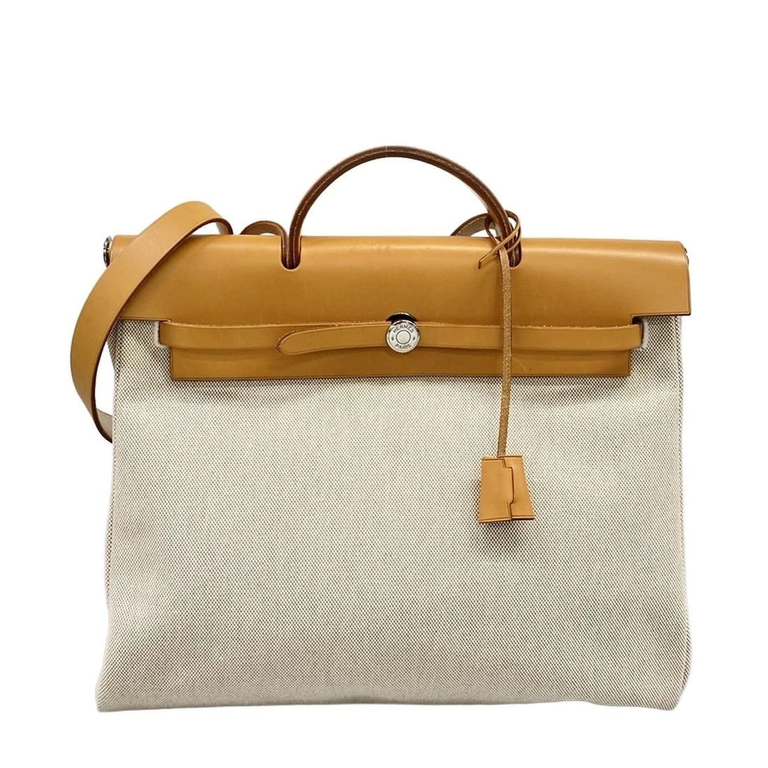 HERMES HER BAG MM CREAM NATURAL TOILE H LEATHER SQUARE G HANDBAG: HERMES Her Bag MM Cream Natural Toile H Leather Square G Handbag Brand: HERMES Type: Handbag Material: Toile H, Leather Color: Cream, Natural Size: Height : 12.6 inch (32 cm) Width : 14.76 inch (3