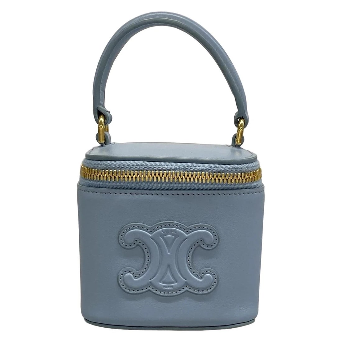 CELINE CUIR TRIONF MINI VANITY CASE LIGHT BLUE LEATHER HANDBAG: CELINE Cuir Trionf mini vanity case Light Blue Leather Handbag Brand: CELINE Type: Handbag Material: Leather Color: Light Blue Size: Height : 3.62 inch (9.2 cm) Width : 3.74 inch (9.5 cm) Depth :