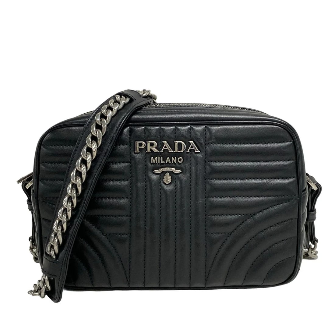 PRADA DIAGRAM BLACK SOFT CALF LEATHER SHOULDER BAG: PRADA Diagram Black Soft Calf Leather Shoulder Bag Brand: PRADA Type: Shoulder Bag Material: Soft Calf Leather Color: Black Size: Height : 6.3 inch (16 cm) Width : 8.46 inch (21.5 cm) Depth : 3.15