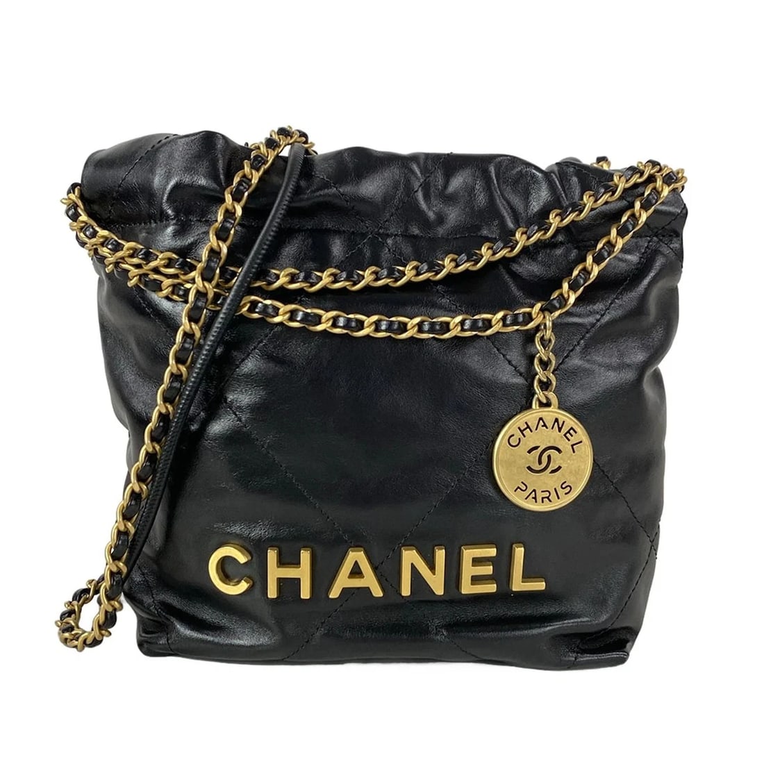 CHANEL CHANEL 22 MINI HANDBAG BLACK SHINY CALFSKIN SHOULDER BAG: CHANEL CHANEL 22 mini handbag Black Shiny Calfskin Shoulder Bag Brand: CHANEL Type: Shoulder Bag Material: Shiny Calfskin Color: Black Size: Height : 7.48 inch (19 cm) Width : 6.69 inch" (17 cm) D
