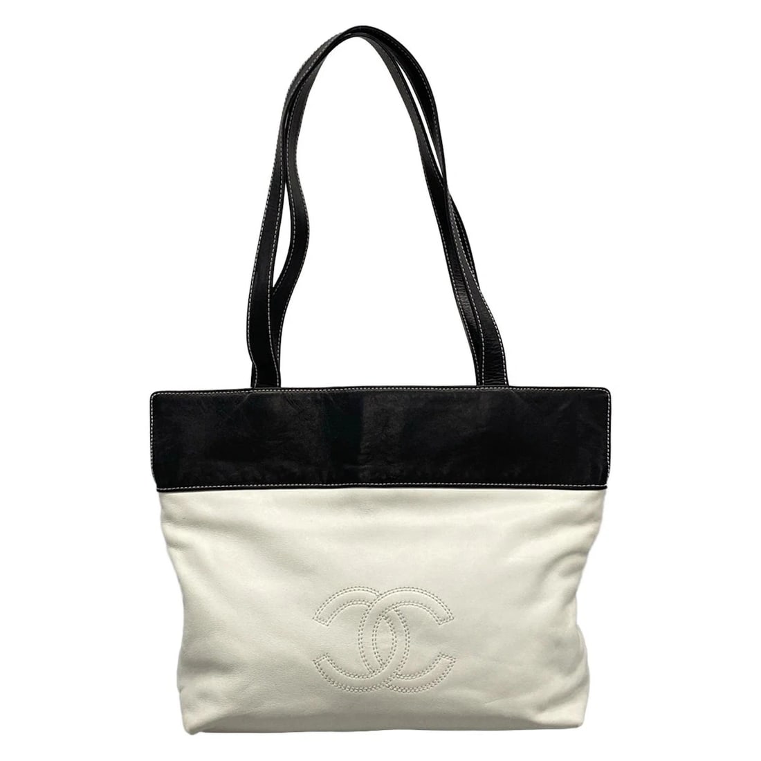 CHANEL - WHITE BLACK LAMBSKIN TOTE BAG: CHANEL - White Black Lambskin Tote Bag Brand: CHANEL Type: Tote Bag Material: Lambskin Color: White, Black Size: Height : 10.43 inch (26.5 cm) Width : 11.42 inch - 14.37 inch Depth : 4.13 inch (10