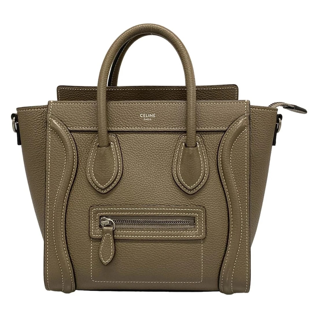CELINE LUGGAGE NANO SHOPPER - GRAY BEIGE DRUMMED CALFSKIN HANDBAG: CELINE Luggage Nano Shopper - Gray Beige Drummed calfskin Handbag Brand: CELINE Type: Handbag Material: Drummed calfskin Color: Gray Beige Size: Height : 8.27 inch (21 cm) Width : 7.87 inch (20 cm