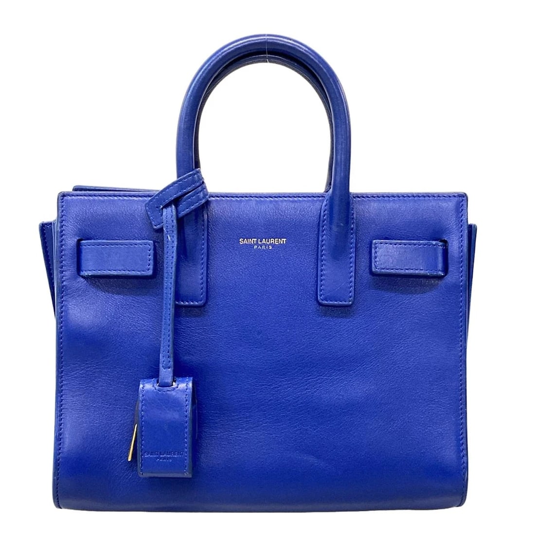 SAINT LAURENT PARIS SUCKED JULES NANO BLUE LEATHER TOTE BAG: SAINT LAURENT PARIS Sucked Jules Nano Blue Leather Tote Bag Brand: SAINT LAURENT PARIS Type: Tote Bag Material: Leather Color: Blue Size: Height : 6.69 inch (17 cm) Width : 8.66 inch (22 cm) - 9.8