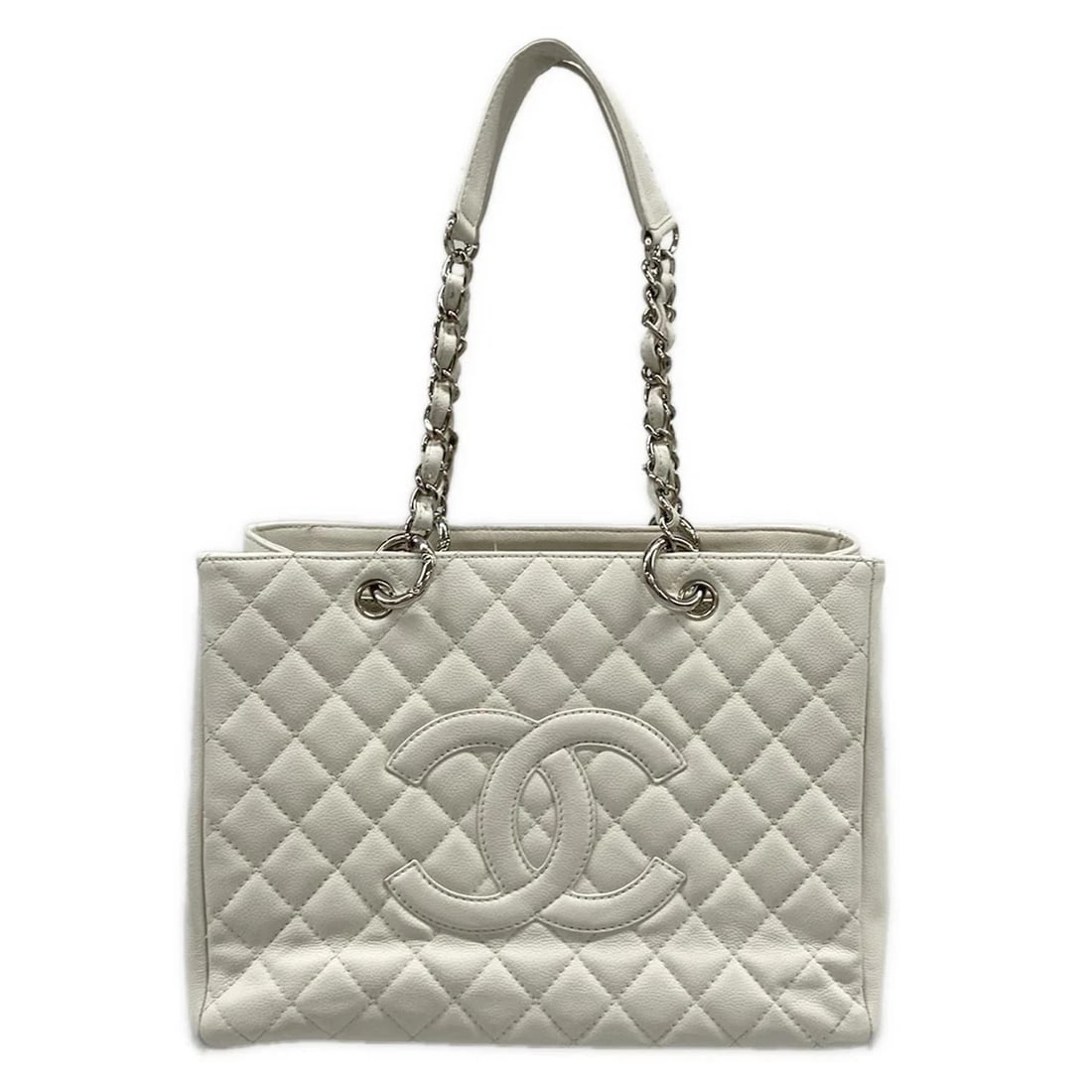 CHANEL REPRINTED CHAIN TOTE,GST WHITE CALFSKIN TOTE BAG: CHANEL Reprinted chain tote,GST White Calfskin Tote Bag Brand: CHANEL Type: Tote Bag Material: Calfskin Color: White Size: Height : 9.65 inch (24.5 cm) Width : 13.19 inch (33.5 cm) Depth : 5.12 in