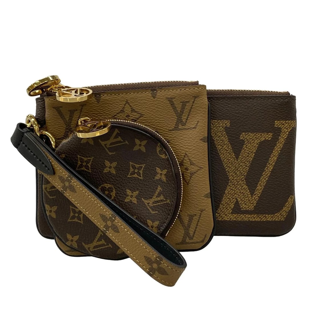 LOUIS VUITTON POCHETTE TRIO MONOGRAM REVERSE POUCH: LOUIS VUITTON Pochette Trio Monogram Reverse Pouch Brand: LOUIS VUITTON Type: Pouch Material: Giant Monogram Canvas, Monogram Reverse Canvas, Monogram Canvas Color: Monogram Reverse Size: Height :