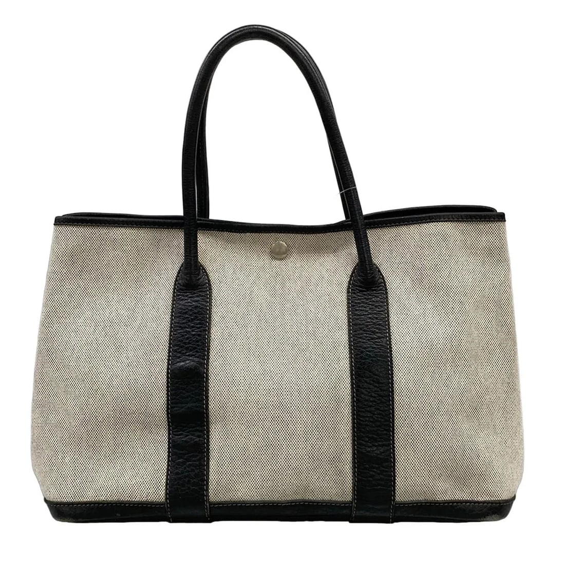 HERMES GARDEN PARTY PM - CREAM BLACK TOILE H LEATHER SQUARE G TOTE BAG: HERMES Garden Party PM - Cream Black Toile H Leather Square G Tote Bag Brand: HERMES Type: Tote Bag Material: Toile H, Leather Color: Cream, Black Size: Height : 9.84 inch (25 cm) Width : 13.98 in