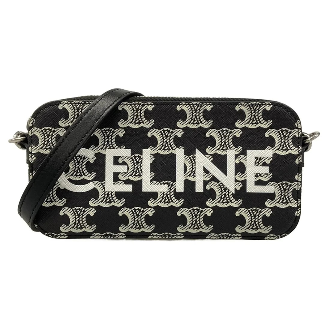 CELINE TRIOMPHE CANVAS BLACK WHITE CALF SKIN SHOULDER BAG: CELINE Triomphe Canvas Black White Calf Skin Shoulder Bag Brand: CELINE Type: Shoulder Bag Material: Triomphe Canvas, Calf Skin Color: Black, White Size: Height : 3.54 inch (9 cm) Width : 6.89 inc